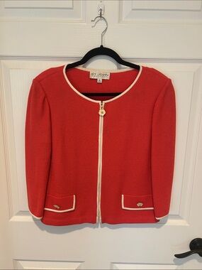 St. John Coral-Red Knit Zip-Front Jacket with Ivory Trim